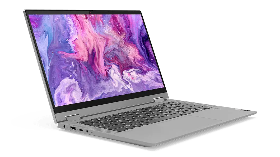 Laptop IdeaPad Flex 5 (15&quot;, AMD) abierta a 90°, vista a 45°, se ve teclado retroiluminado opcional – puertos y ranuras pueden variar