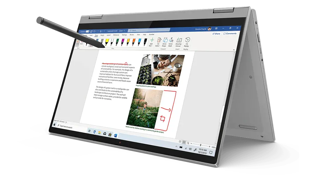Laptop IdeaPad Flex 5 (15&quot;, AMD) en modo tienda con un lápiz digital opcional