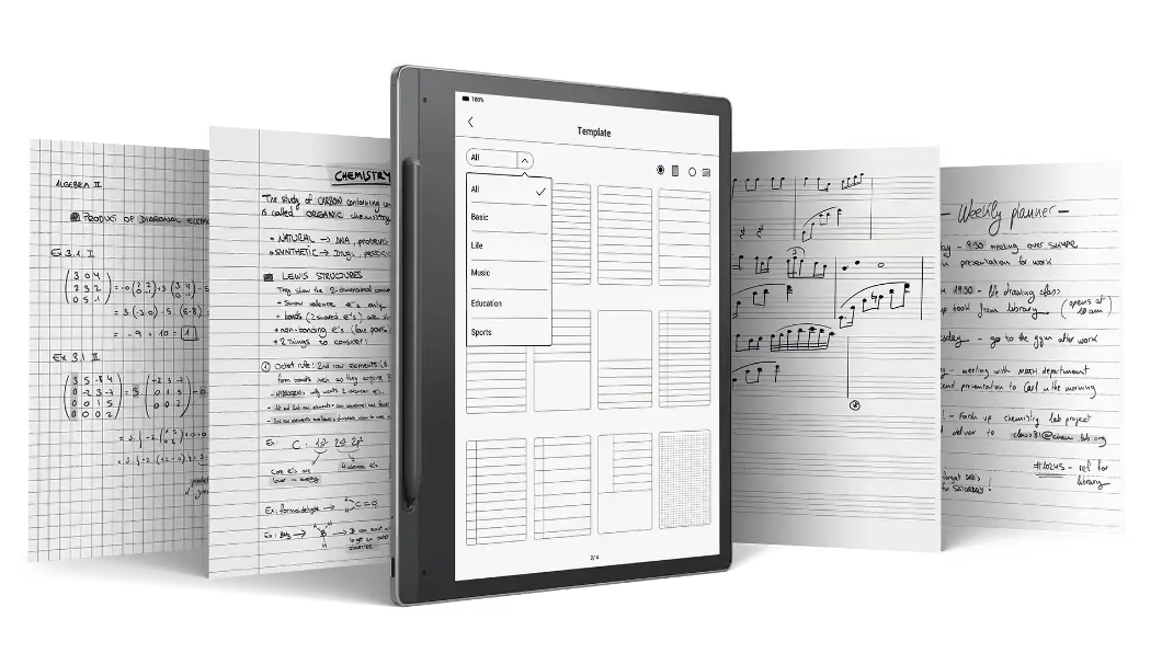 Lenovo Smart Paper with Lenovo Smart Pen, vertically standing, among various notepad templates, such as music & math sheets