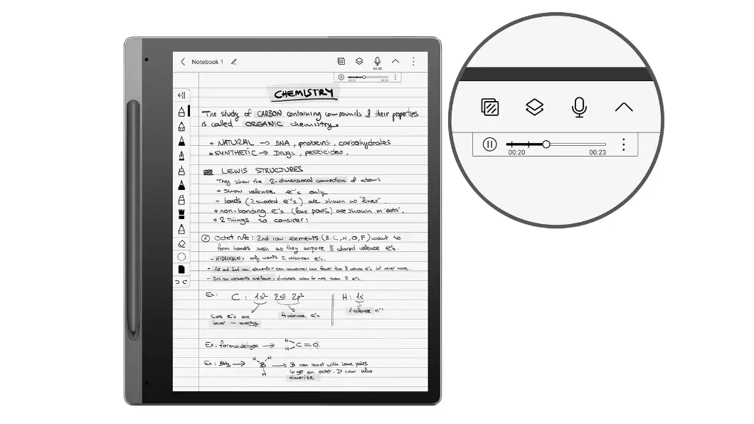  Front-facing Lenovo Smart Paper E-Ink reader, showing handwritten chemistry document, Lenovo Smart Pen, & microphone icon indicating audio being played