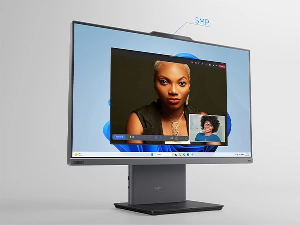 Lenovo ThinkCentre Neo 50a Gen 5 24 inch Intel monitor -- front-left angled view, with a two-person videoconference on the display and the 5MP camera labeled