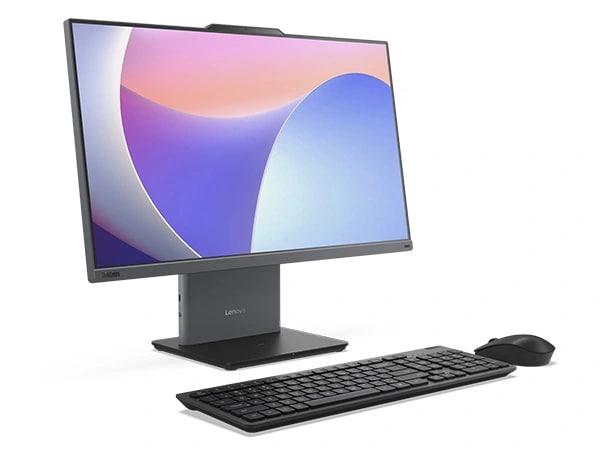 Lenovo ThinkCentre Neo 50a Gen 5 24 inch Intel monitor -- front-left angled view, with wireless keyboard and mouse