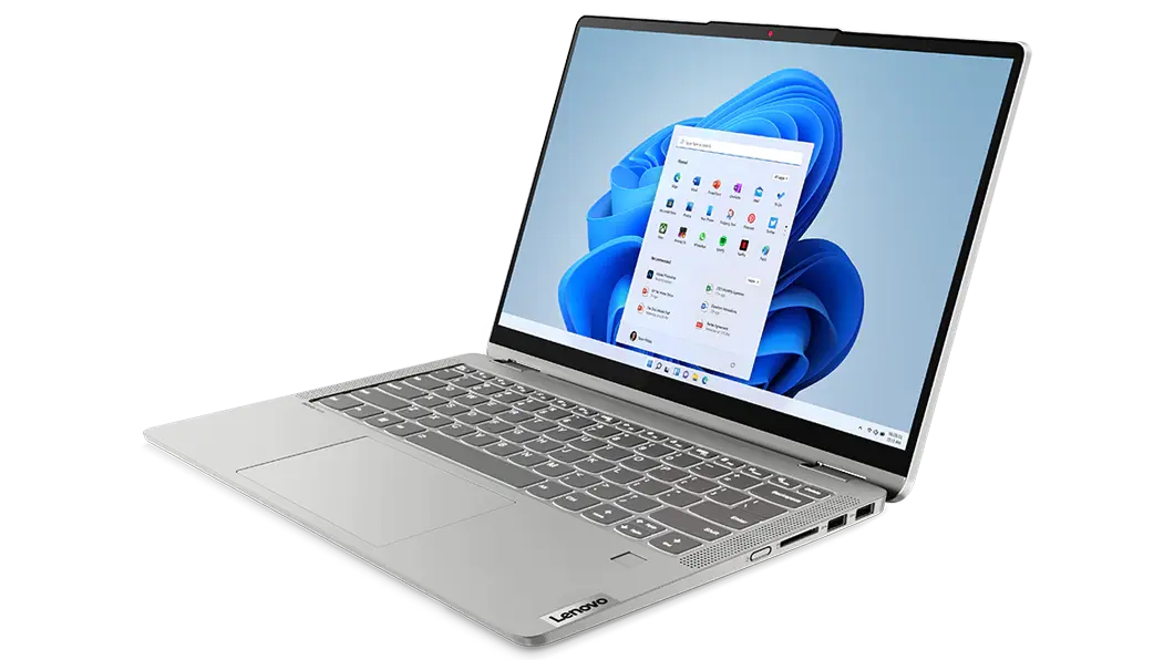 Imagen de semiperfil derecho de la notebook IdeaPad Flex 5i 7ma Gen (14″, Intel) en modo laptop, con la pantalla encendida, en color cloud grey (gris tormenta)