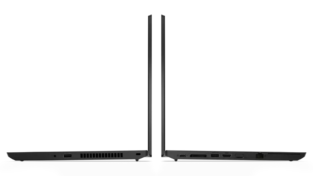 Imagen de ambos perfiles de la notebook ThinkPad L14 2da Gen (14”, AMD), abierta a 90°, y con sus puertos y ranuras visibles
