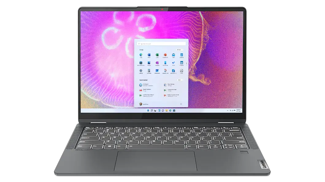 Imagen frontal de la laptop IdeaPad Flex 5i 7ma Gen (14″, Intel) abierta, con la pantalla encendida, en color storm grey (gris tormenta)
