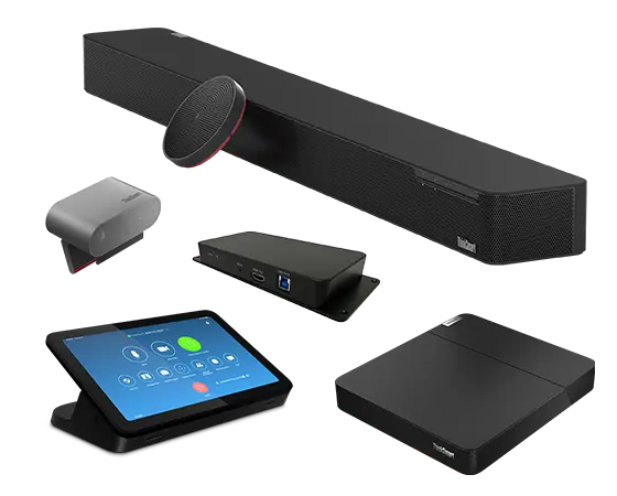 Side view of Lenovo ThinkSmart Core Full Kit with IP Controller for Zoom Rooms  components: ThinkSmart Core for Zoom Rooms computing device, Lenovo IP Controller, ThinkSmart Cam, ThinkSmart Bar, Lenovo Link Box. & standalone mic pod