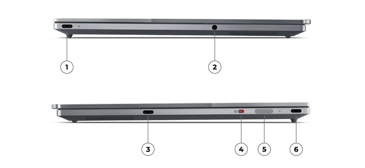 Екі Lenovo ThinkBook 13x (13, 4-ші немесе Intel) ноутбук бір-бірінің үстінде, сол және оң жақтары, порттар мен жалғастырушылар нөмірленген