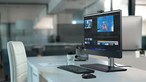 Side view of Lenovo ThinkCentre M90a Gen 5 (24″ Intel) all-in-one PC on a desk, next to a keyboard & mouse, with display showing images of a skydiver