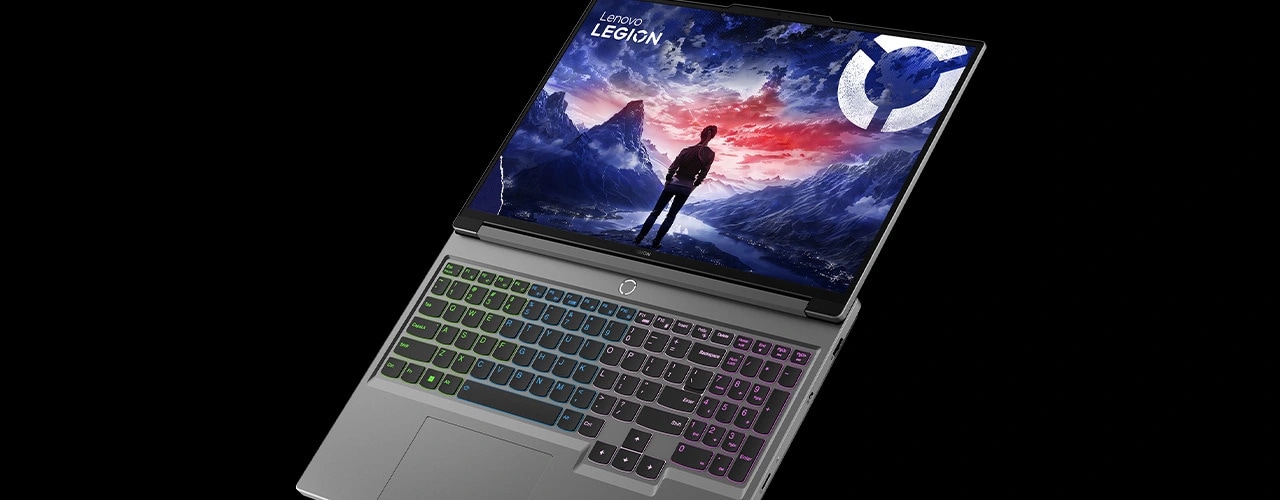 Fully opened Legion 5i laptop with display on and RGB keyboard