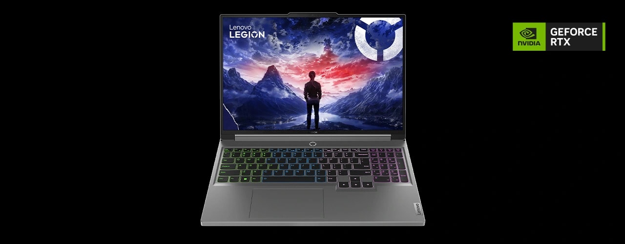 Front-facing view of Legion 5i laptop with display on and RGB keyboard, plus NVIDIA GeForce RTX badge