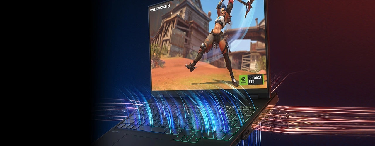 Legion Pro 7i Gen 9 with Fortnite on the screen and an illustration of air flowing through the system with Legion ColdFront: Vapor