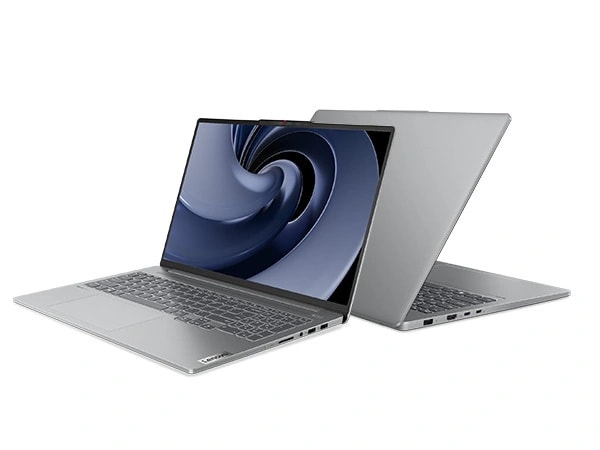 Front-right side image of one Lenovo IdeaPad Pro Gen 9 16 inch laptop with wide-angled open lid, adjoining its back with another rear-left side image of Lenovo IdeaPad Pro Gen 9 16 inch laptop with acute-angled lid open.