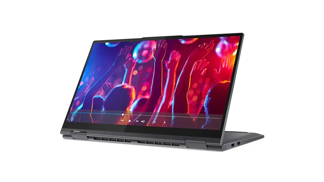 Imagen de la laptop 2 en 1 Yoga 7i (15.6”, Intel) en modo carpa o tienda en color dark moss