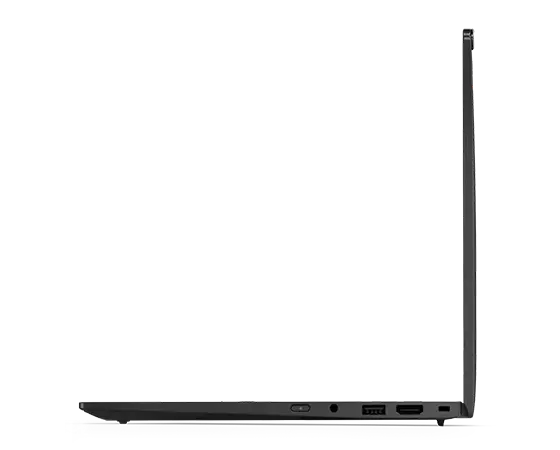 Rechtes Seitenprofil des Lenovo ThinkPad X1 Carbon Notebooks der 12. Generation, um 90 Grad geöffnet.