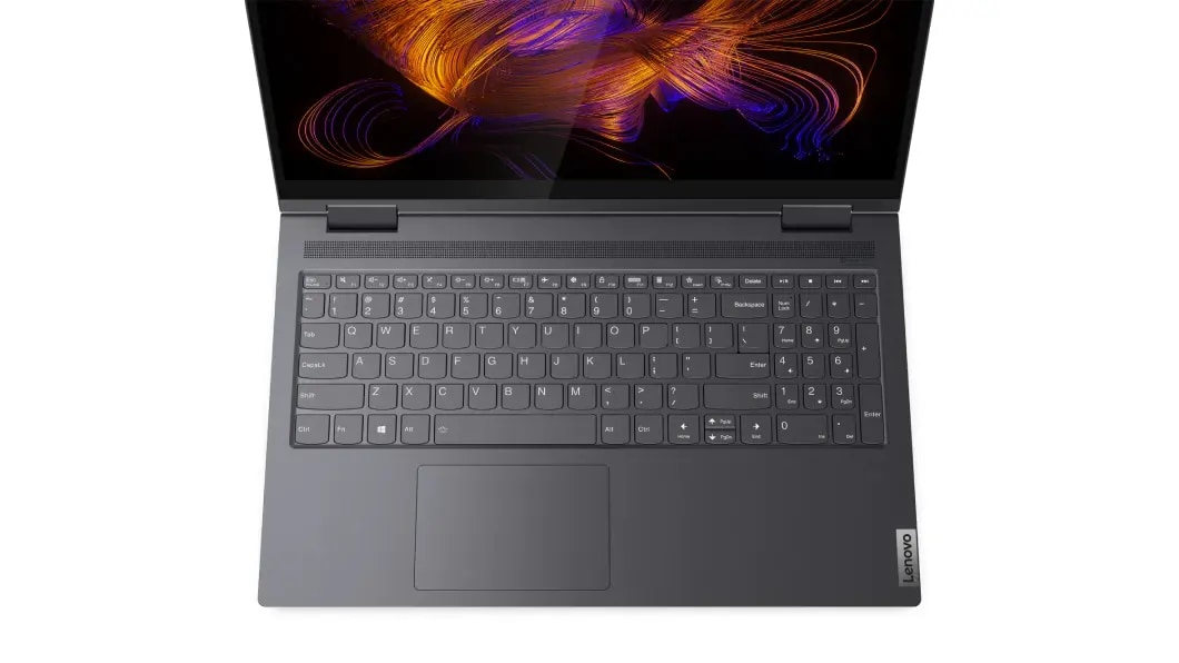 Vista desde arriba de la laptop 2 en 1 Yoga 7i (15.6”, Intel) abierta en color dark moss