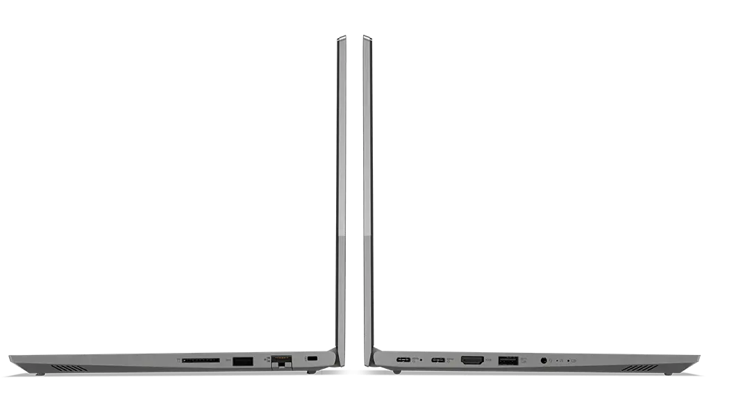 Imagen de ambos perfiles de la notebook Lenovo ThinkBook 14 Gen 3 (14&quot;, AMD) abierta a 90°