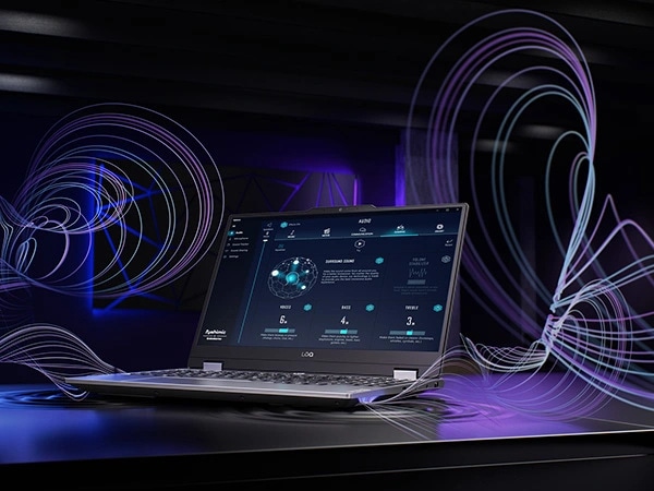 Lenovo LOQ 15IRX9 gaming laptop  right-front view, lid open, with wavy graphics illustrating 3D audio emanating outward