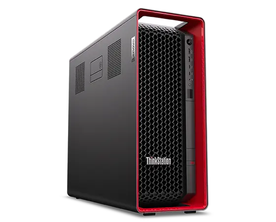Naar voren gericht Lenovo ThinkStation P8-workstation, onder een kleine hoek, met iconische rode ThinkPad-behuizing, poorten aan voorkant en linkerpaneel