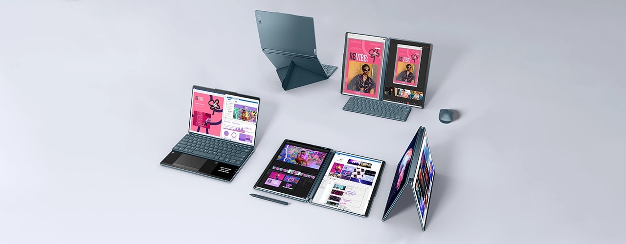 Multiple views of the Lenovo Yoga Book 9i Gen 9 (13 Intel), its keyboard, its folio case, its stylus pen, and its mouse in various configurations