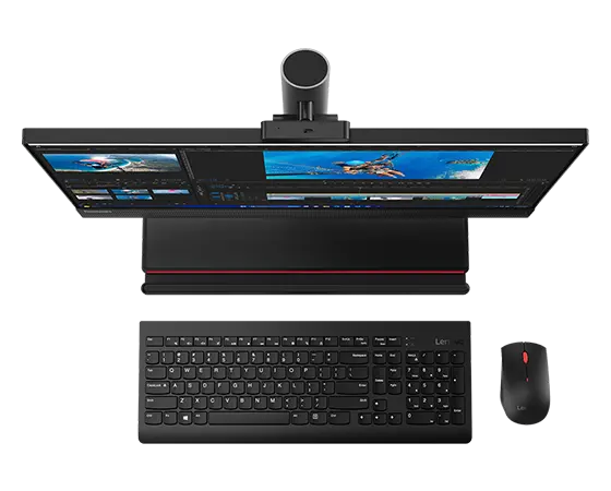 Aerial view of forward-facing Lenovo ThinkCentre M90a Gen 5 (24″ Intel) all-in-one PC, showing base, wireless keyboard & wireless mouse