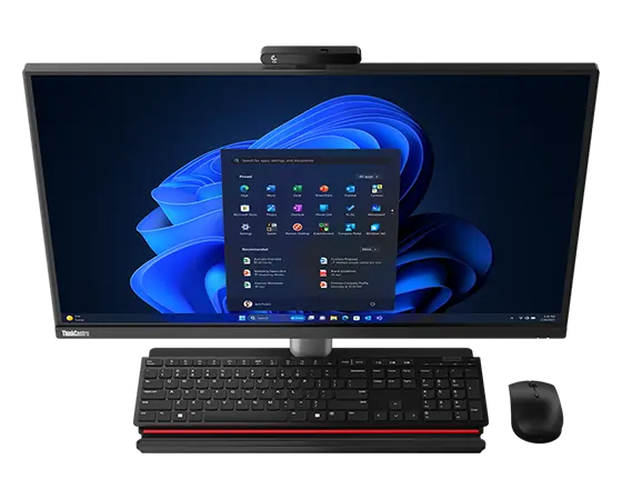 Aerial view of forward-facing Lenovo ThinkCentre M90a Gen 5 (24″ Intel) all-in-one PC, showing display, with keyboard on base & wireless mouse