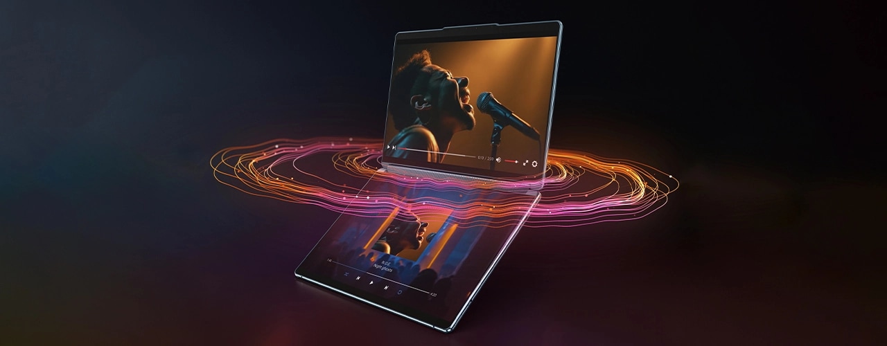 Right angle view of the Lenovo Yoga Book 9i (13 Intel), open, with a red swirl visually representing immersive sound