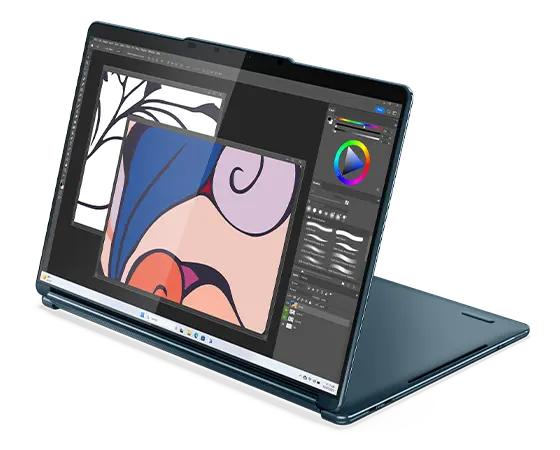 Front right angle view of the Lenovo Yoga Book 9i Gen 9 (13 Intel) in display mode