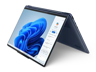 Yoga 9i 2-in-1 Gen 9 (14” Intel) in Cosmic Blue in Tent Mode facing left with Windows 11 on the screen