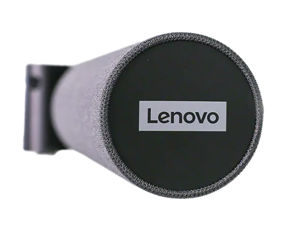 Rear-right side cylindrical view of Lenovo ThinkSmart Bar 180, displaying a big bold brand logo of Lenovo at the center with a blur focus on camera system.