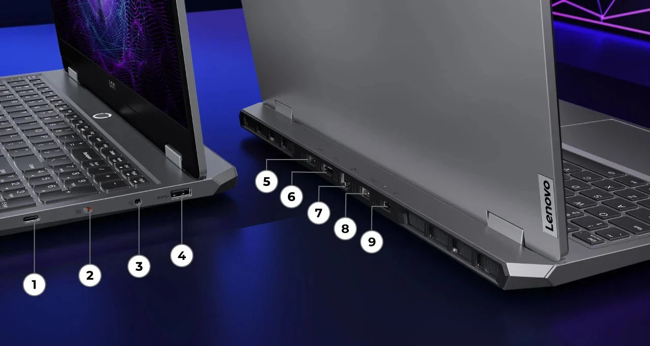 Екі Lenovo LOQ 15IAX9 ойын ноутбуки — оң жақ көрінісі және артқа қарай, порттар нөмірленген идентификация үшін