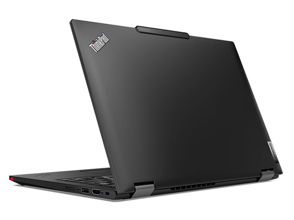 Rückseite des Lenovo ThinkPad X13 2-in-1-Notebook der 5. Generation mit den Scharnieren und den Anschlüssen auf der rechten Seite.