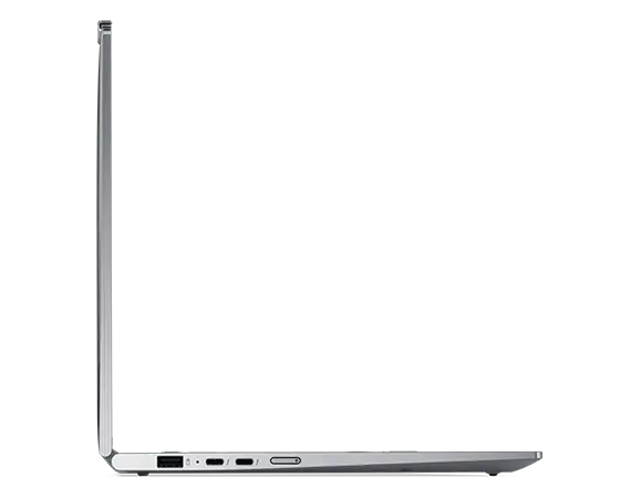 Perfil del lado izquierdo de la laptop convertible 2 en 1 Lenovo ThinkPad X1 abierta 90 grados. 