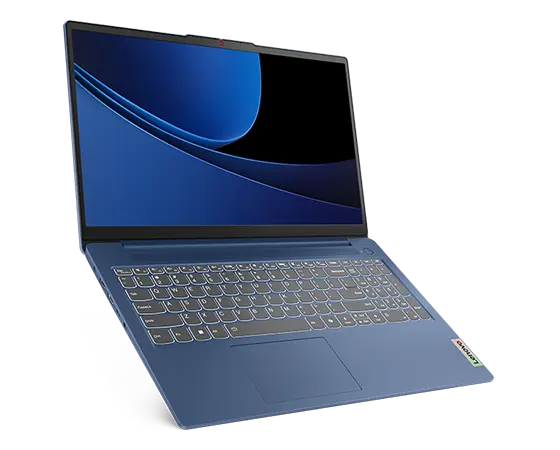 Front, left side view of the Lenovo IdeaPad Slim 3i Gen 9 14 inch laptop in Abyss Blue suspended in air with lid opened at wide angle, focusing its keyboard & display on standby mode.