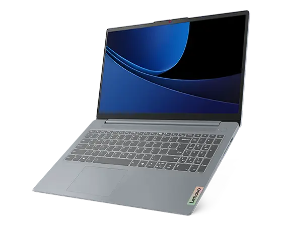 Vista anteriore lato destro del laptop Lenovo IdeaPad Slim 3i Gen 9 da 14" in Artic Grey sospeso in aria con coperchio aperto ad angolo ottuso, con dettaglio del display in modalità standby.