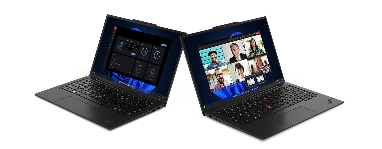 Two Lenovo ThinkPad X1 Carbon Gen 12 laptops open 90 degrees, one with various apps open & the other with a video conference.