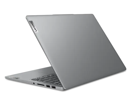 Rear-right side view of Lenovo IdeaPad Pro Gen 9 14 inch laptop with lid open at an acute angle.
