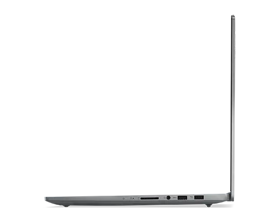 Aanzicht van de rechterzijde van de Lenovo IdeaPad Pro 5 Gen 9 16 inch AMD-laptop met de klep 90 graden geopend met vier zichtbare poorten.