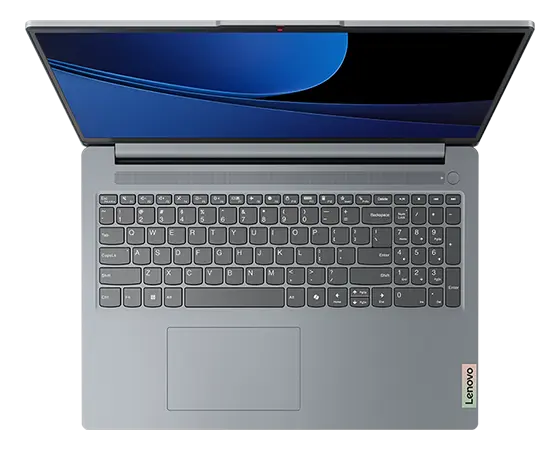 Front, top view of the Lenovo IdeaPad Slim 3i Gen 9 16 inch laptop in Artic Grey with lid opened at wide angle & display in standby mode, majorly focusing on the keyboard.