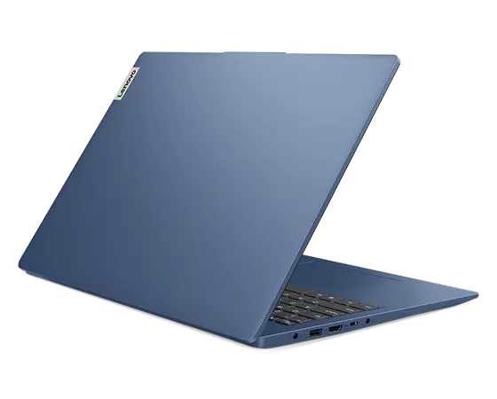Rear, left side view of the Lenovo IdeaPad Slim 3i Gen 9 16 inch laptop in Abyss Blue with lid opened at an acute angle, focusing on its left side ports. 