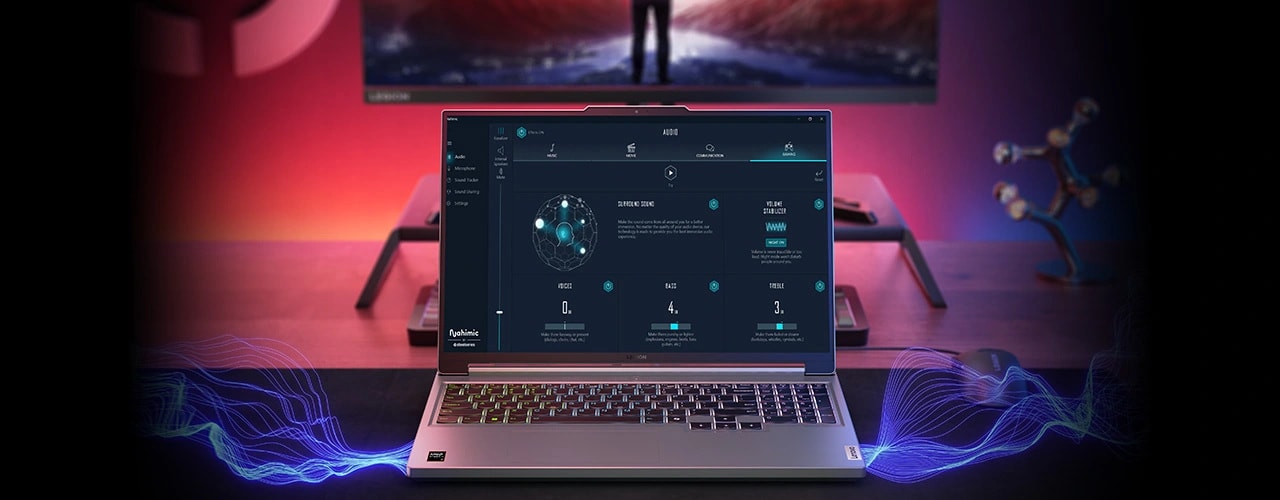 Front view of the Legion Slim 5 Gen 9 (16 AMD) with curving blue lines representing sound emerging from the speakers