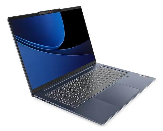 Lenovo IdeaPad Slim 5i Gen 9 (14&quot; Intel) laptop – Cloud Grey – left-front view, lid open, wavy blue lines on the display