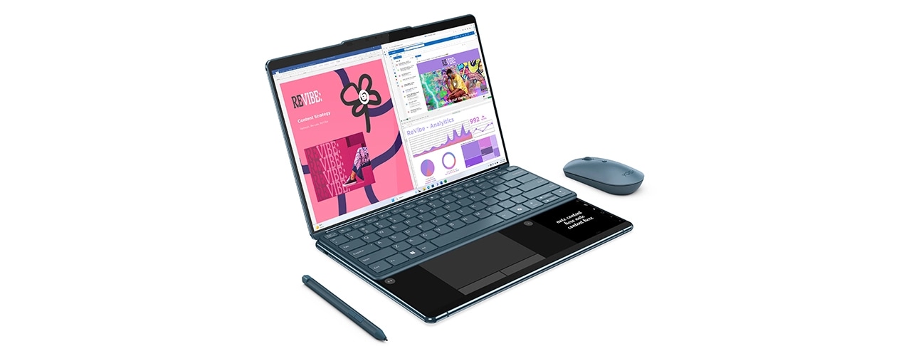 Front left angle view of the Lenovo Yoga Book 9i Gen 9 (13 Intel) with keyboard, mouse, and stylus pen