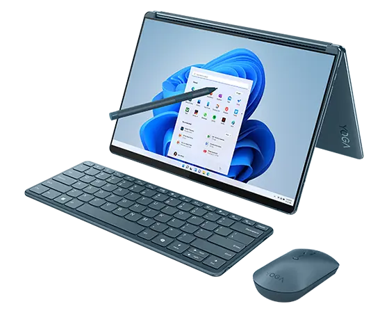 Front right angle view of the Lenovo Yoga Book 9i Gen 9 (13 Intel), its Bluetooth keyboard, its mouse, and its stylus pen