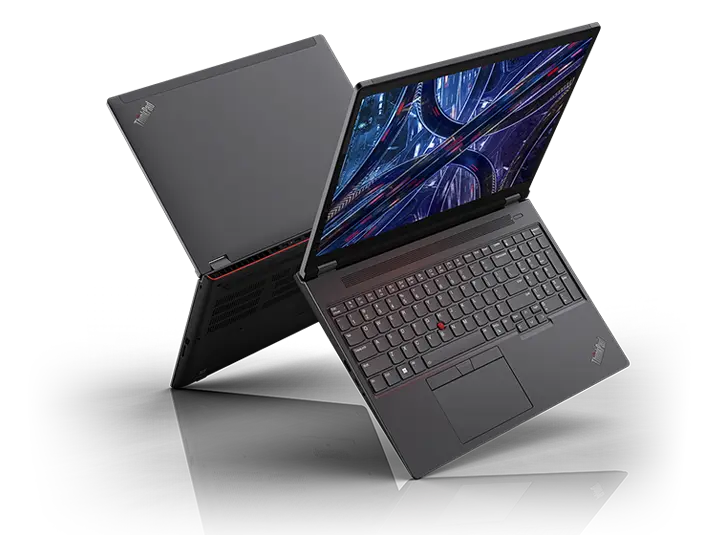 Vista angolare di due laptop ThinkPad P16 Gen 2 disposti cerniera contro cerniera a formare una X