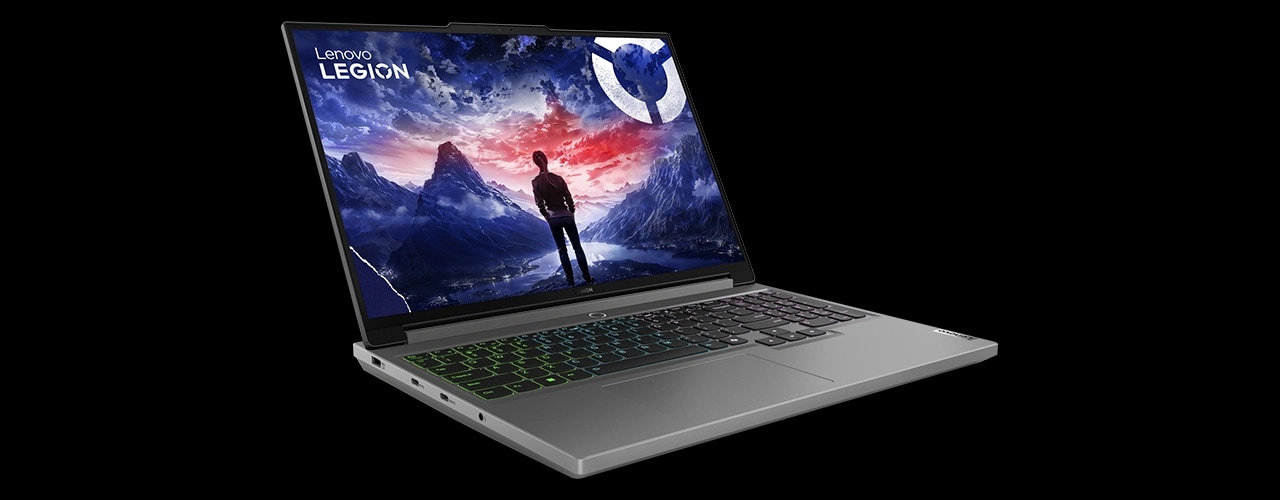 Legion 5i laptop facing right with display on and RGB keyboard