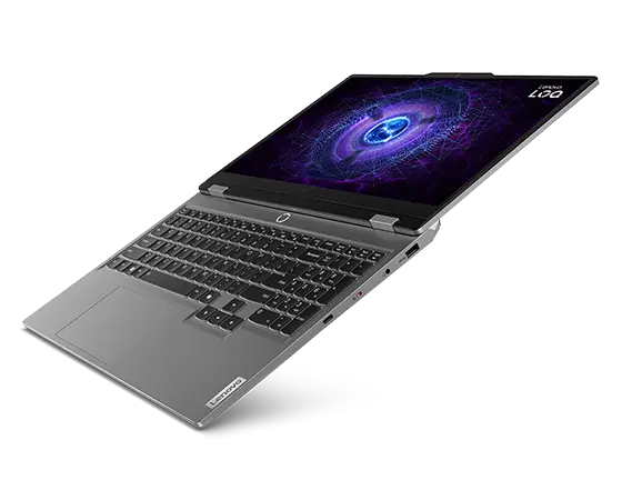 Lenovo LOQ 15IAX9 gaming laptop – right view, lid wide open, with LOQ logo on the display, & right-side ports