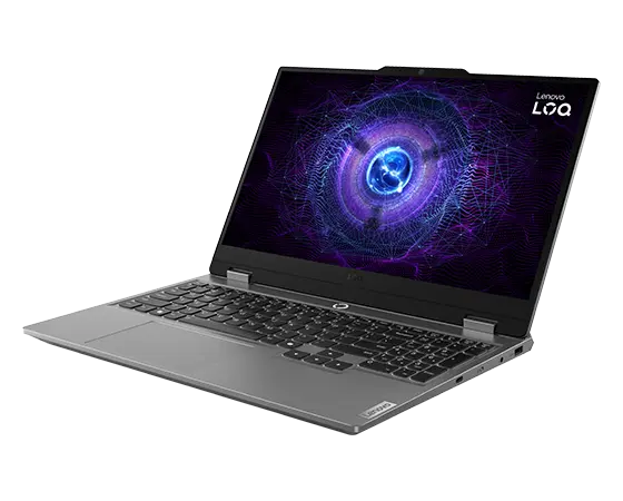 Lenovo LOQ 15IRX9 gaming laptop – right-front view, lid open, with LOQ logo on the display