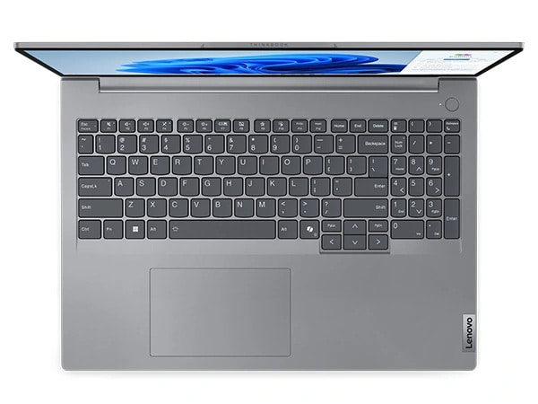 Overhead short of Lenovo ThinkBook 16 Gen 7 (16 inch Intel) laptop opened at 90 degrees, focusing its keyboard & touchpad.