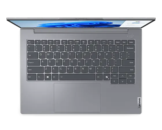 Close up, top view of Lenovo ThinkBook 14 Gen 7 (14 inch Intel) laptop opened at 90 degrees, majorly focusing on its redesigned keyboard.