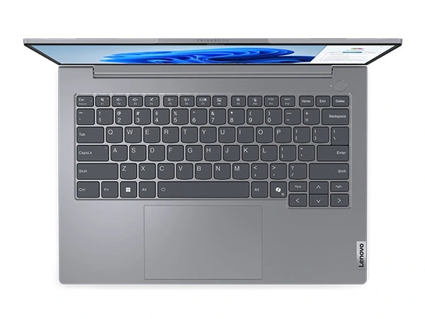 Lenovo ThinkBook 14 Gen 7 (14'' Intel) Notebook von oben, 90 Grad geöffnet, Tastatur und Touchpad im Fokus.